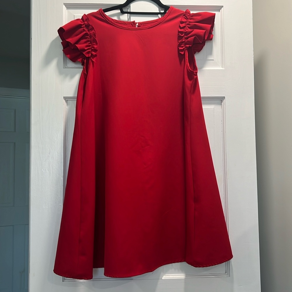 Romwe Women's Ruffle Trim Sleeve Summer Beach A Line Loose Swing Dress red M